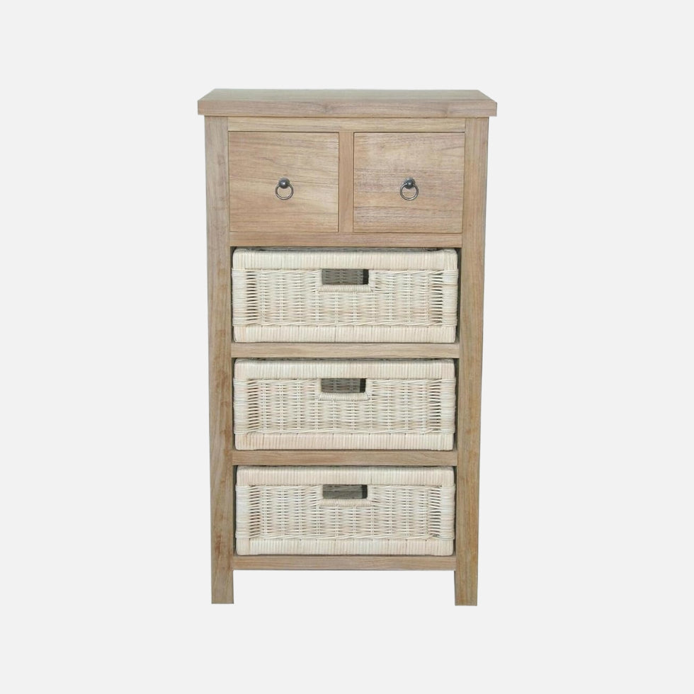 Anderson teak safari table with drawers & rattan baskets