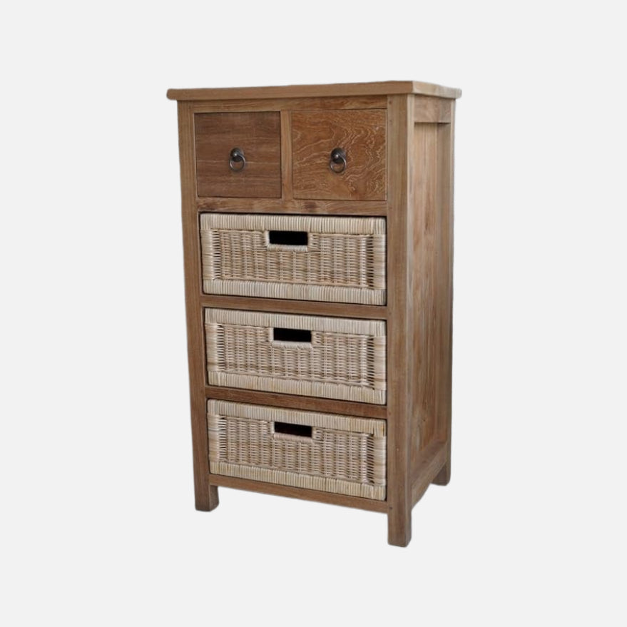 Anderson teak safari table with drawers & rattan baskets